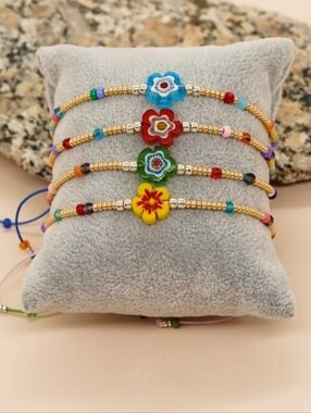 Handmade green String Bracelets Colorful Glass Beads And Green Flowers, Bohemian